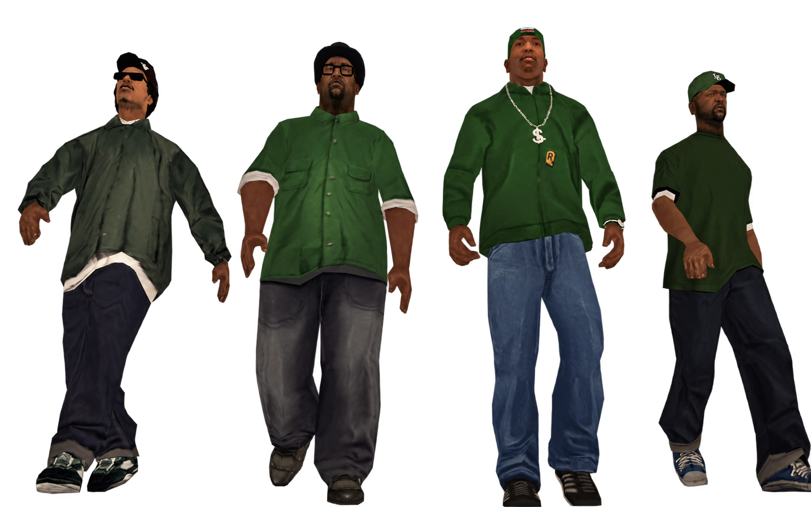 Ryder, Big Smoke, CJ y Sweet, recortados de una captura del juego