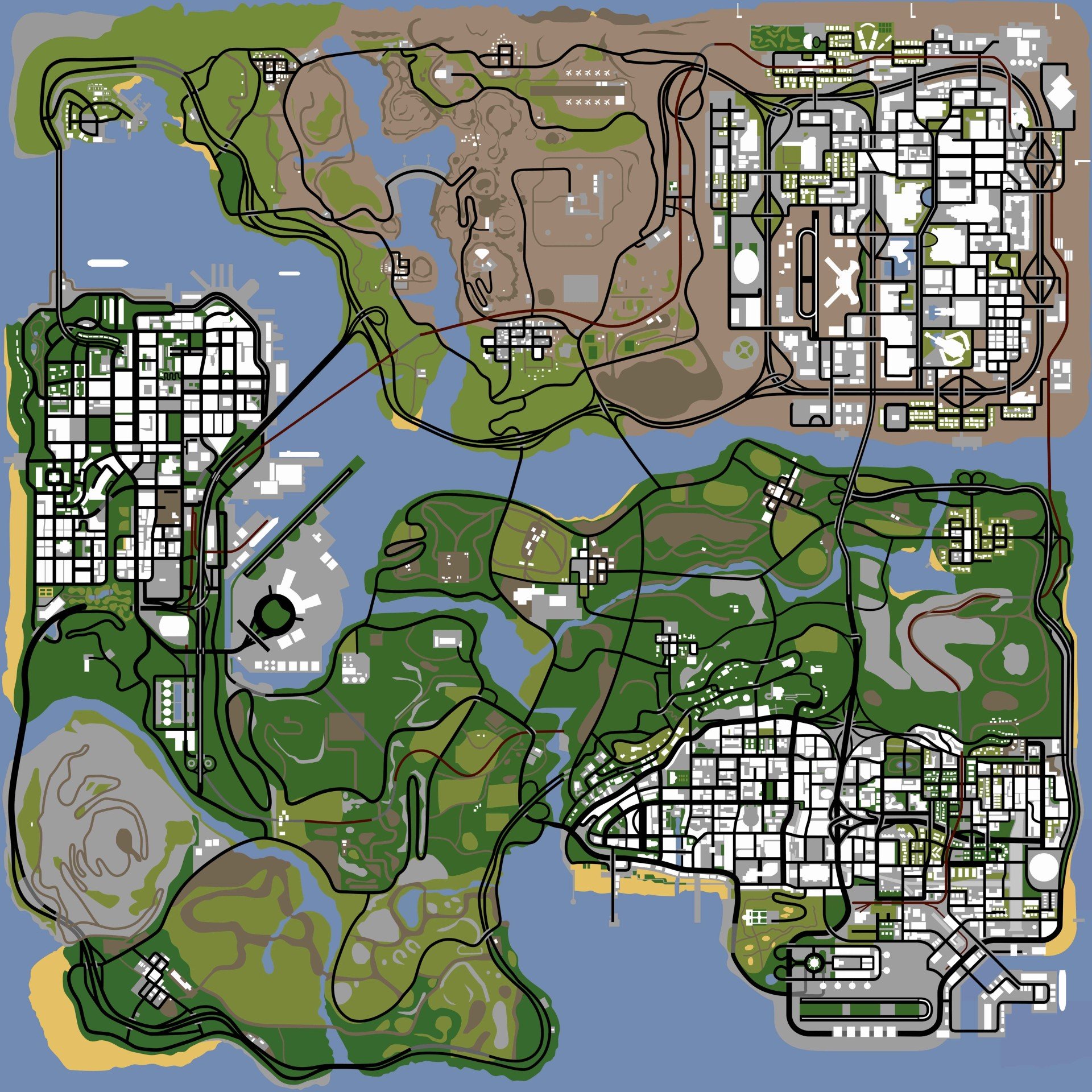 Mapa de San Andreas con Los Santos al sureste, San Fierro al oeste y Las Venturas al noreste