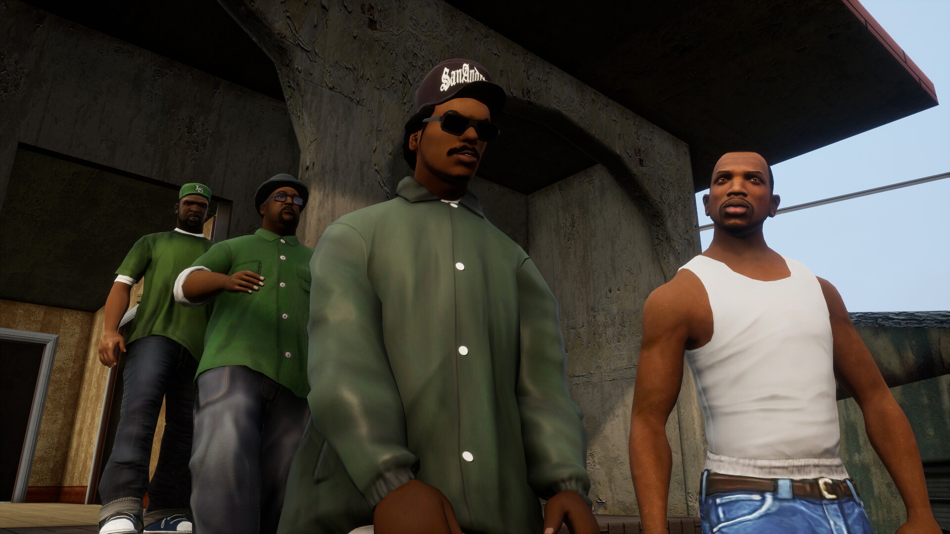 CJ, Ryder, Big Smoke y Sweet reunidos en Los Santos, captura oficial de San Andreas Definitive Edition
