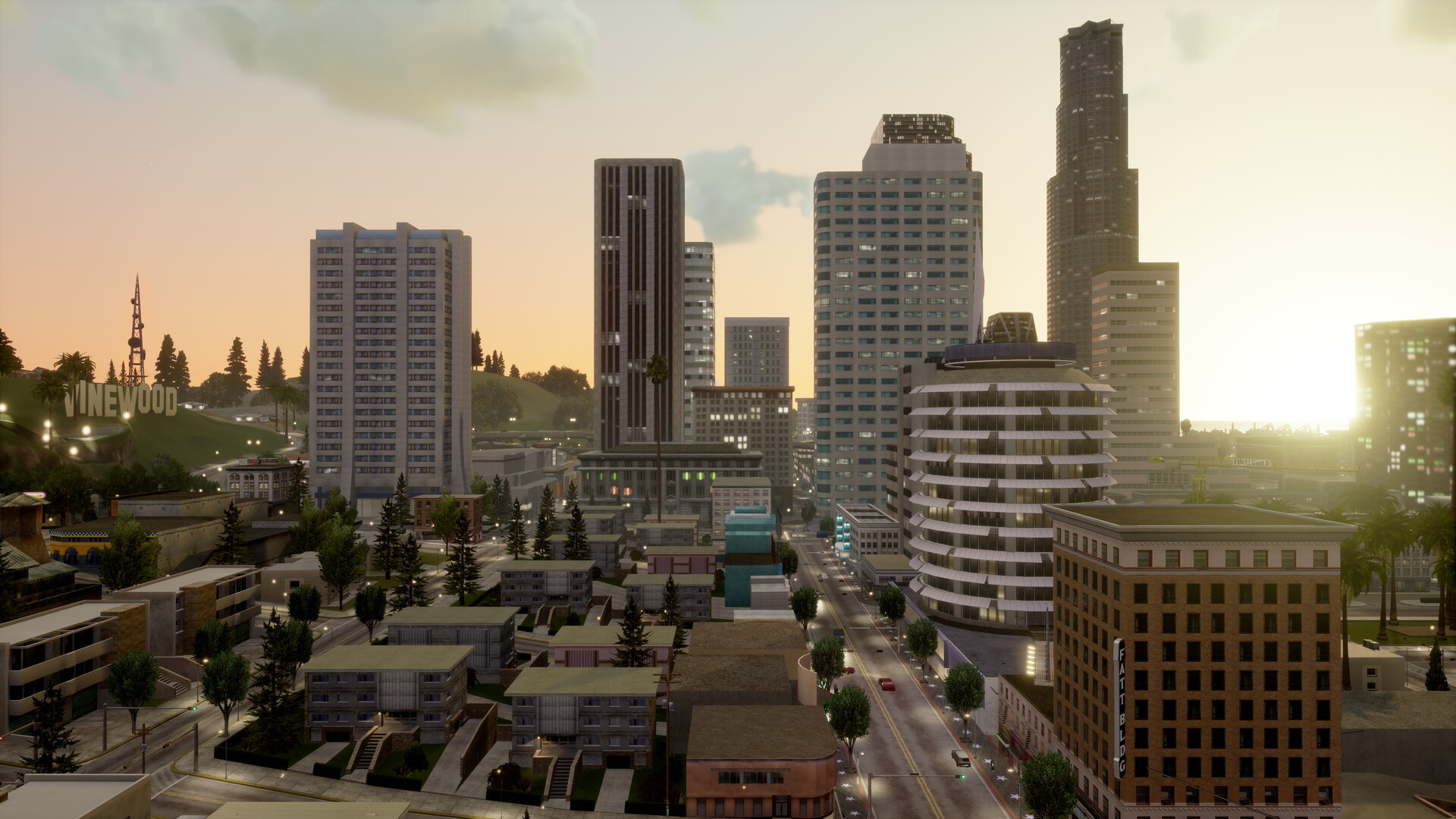 El horizonte de Los Santos y Vinewood al atardecer, captura oficial de San Andreas Definitive Edition