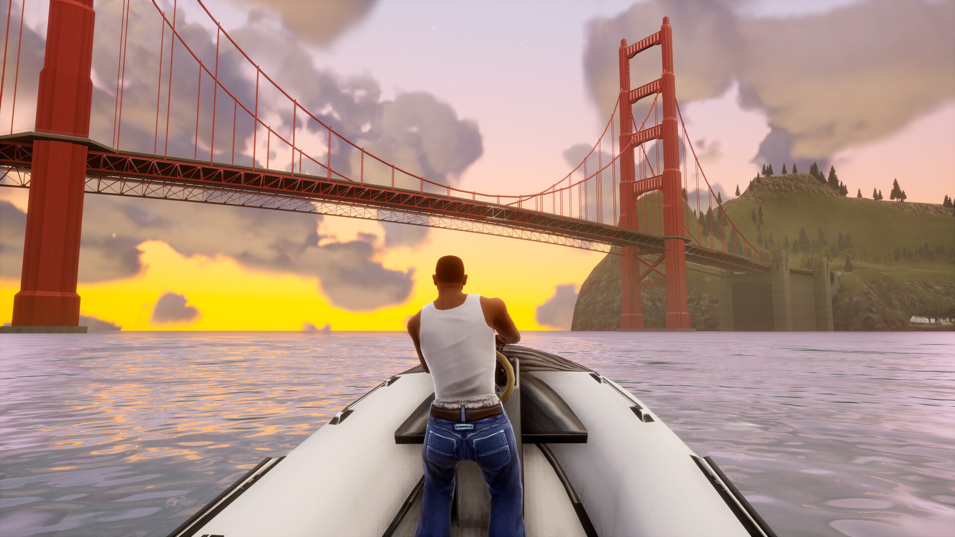 CJ navega en una lancha bajo el puente de San Fierro al atardecer, captura oficial de San Andreas Definitive Edition